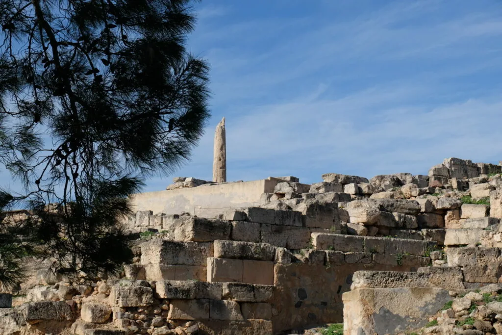Ancient stone ruins with a tall tower structure on a sandy hillside against a blue sky, with evergreen branches in foreground