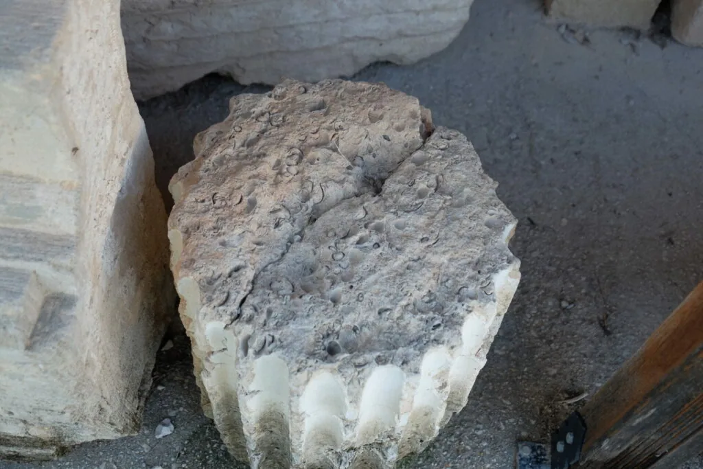 Weathered concrete or stone block with rough textured top surface and white underside