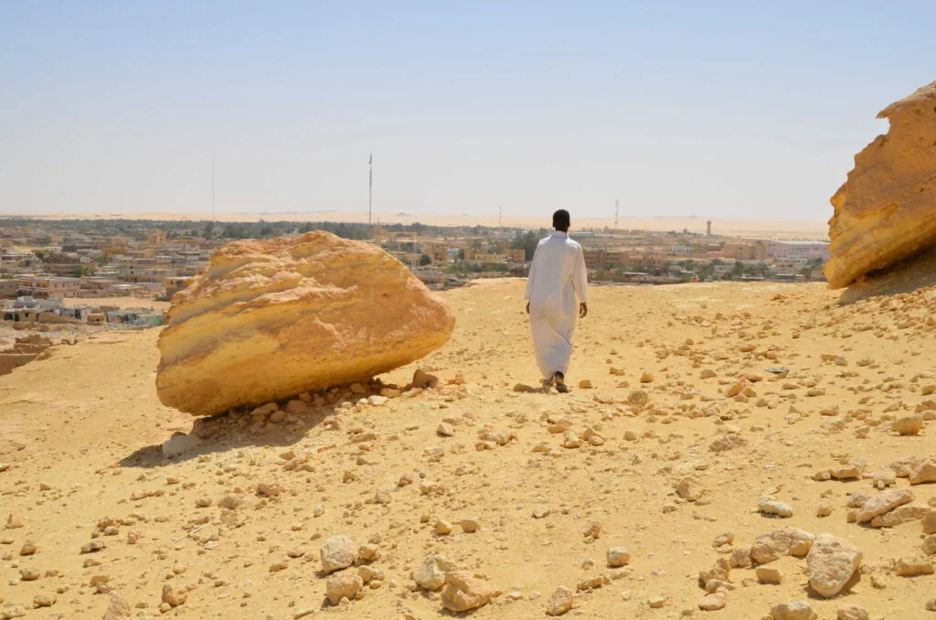 Person in white robe standing in desert landscape with large golden rock formations and distant town