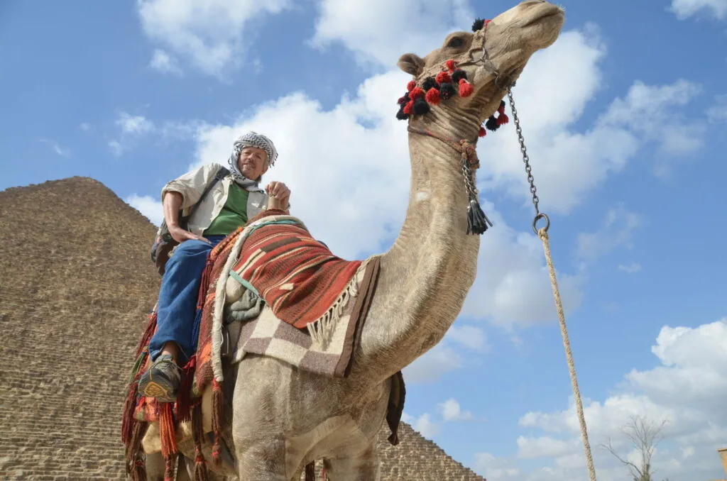 Person sitting on a decorated camel wearing traditional Egyptian saddle and blanket near pyramid ruins