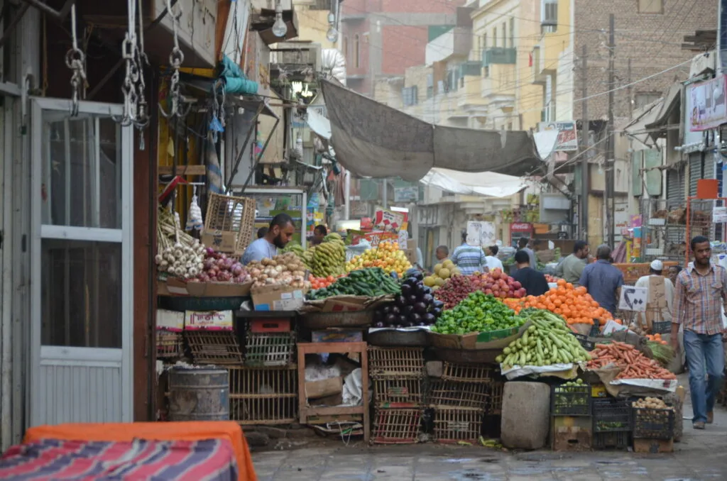Bustling outdoor market street with colorful produce displays, vendors, and shoppers under shade canopies and buildings