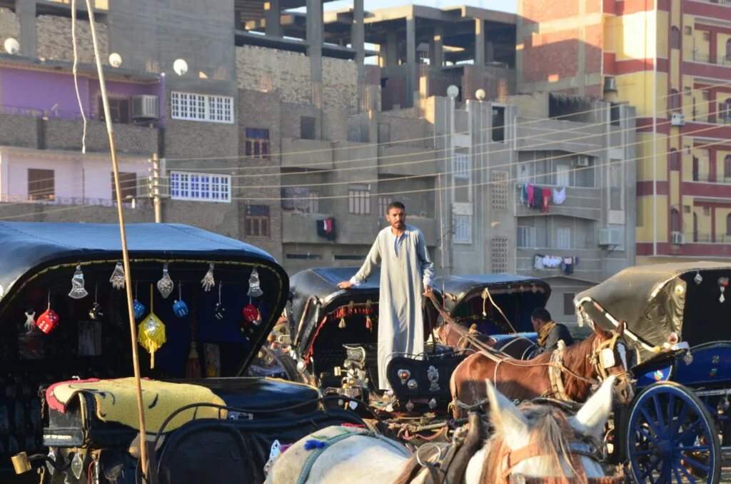 Man in traditional long coat standing on horse-drawn carriage in urban street with decorated black carriages and multi-story buildings