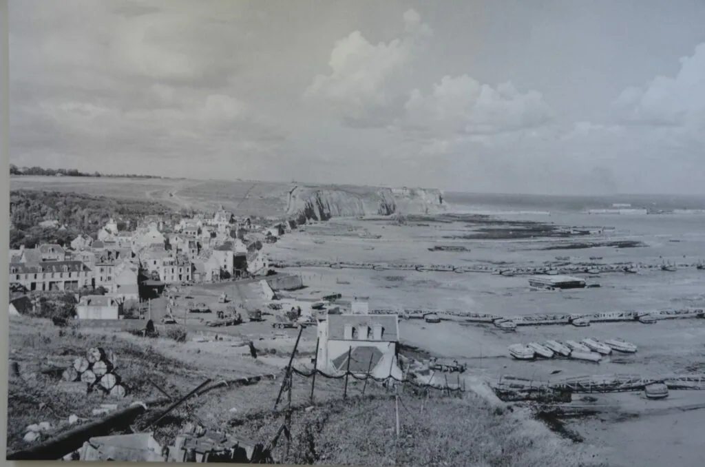 Coastal town with white buildings, harbor, and chalk cliffs in distance under cloudy sky