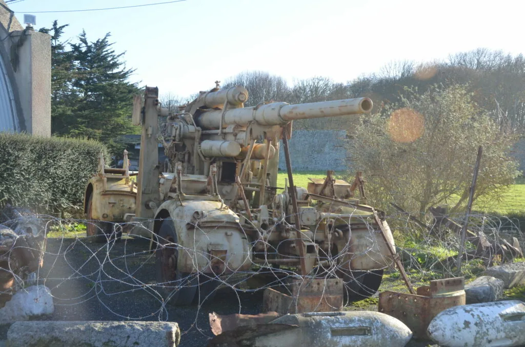Rusted vintage military artillery gun with barbed wire fence in overgrown field with bare trees