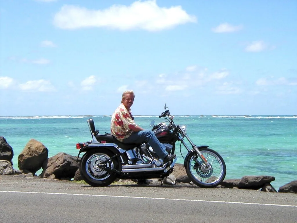 Person sitting on a motorcycle with sidecar parked on a road overlooking turquoise ocean water and rocky shoreline under blue sky