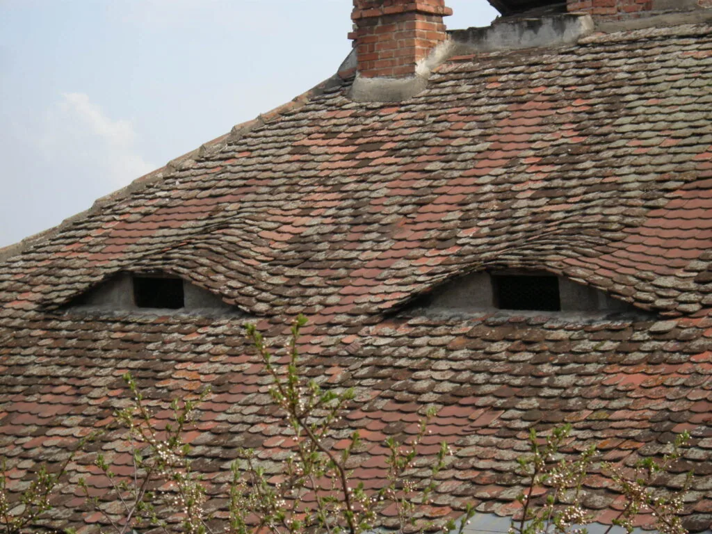 Weathered clay tile roof with two dormer windows and brick chimney, showing age and moss growth