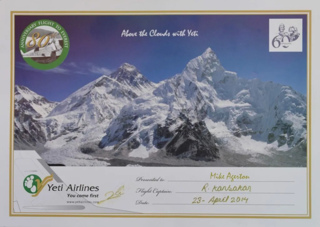 Certificate for scenic flight over snow-capped mountains presented to Mike Agerton by Yeti Airlines on April 23, 2014