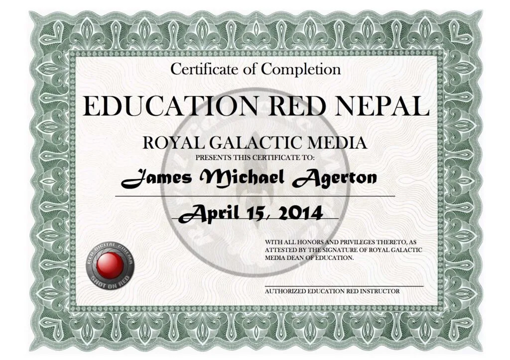 Certificate of Completion from Education Red Nepal and Royal Galactic Media awarded to James Michael Agerton dated April 15, 2014
