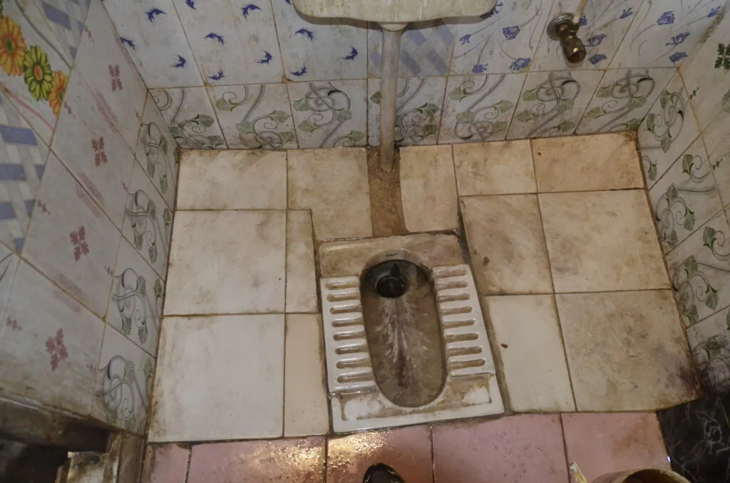 Overhead view of a squat toilet with ceramic tile flooring and decorative patterned tile walls