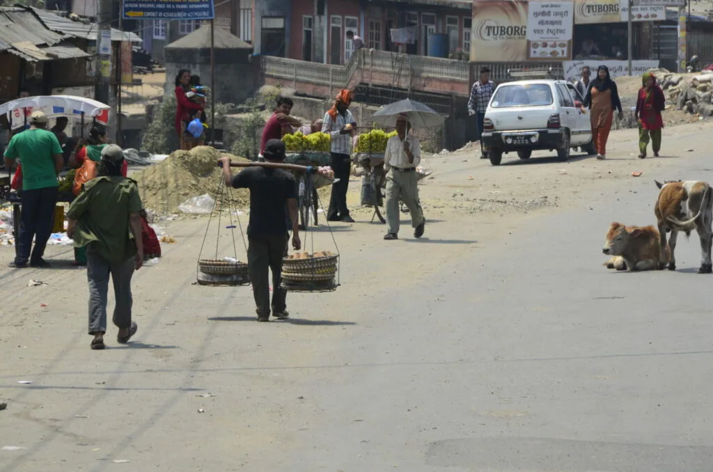 Street scene with vendor carrying baskets on shoulder pole, pedestrians, white vehicle, and dogs on dusty road lined with buildings