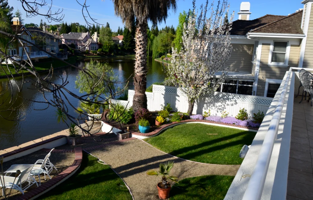 Waterfront home with manicured lawn, palm tree, white planter boxes, and flowering shrubs overlooking a canal with boat dock