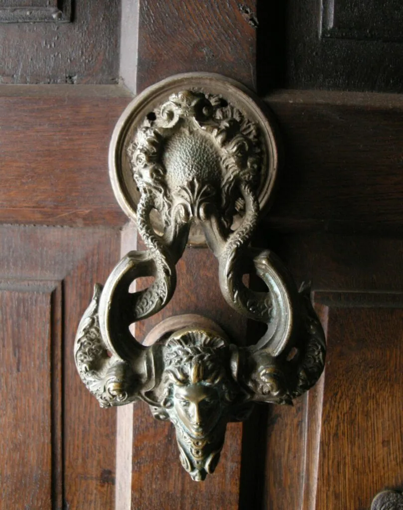 Ornate brass lion head door knocker mounted on wooden door panel